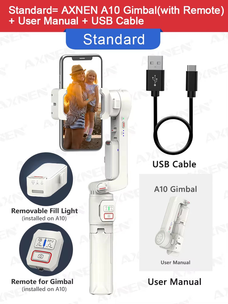 A10 Gimbal Stabilizer Selfie Stick Tripod Smartphone Handheld Gimbal with Fill Light Telescopic Rod Vlog Video Record for Iphone