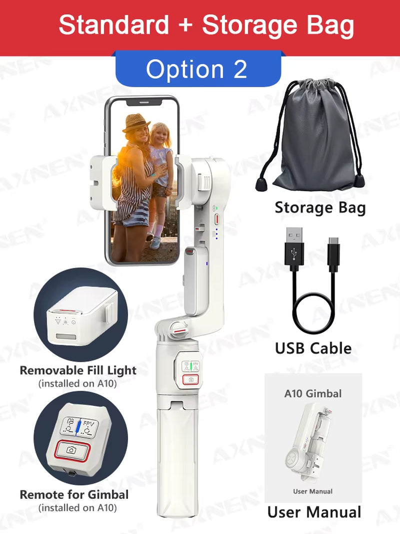 A10 Gimbal Stabilizer Selfie Stick Tripod Smartphone Handheld Gimbal with Fill Light Telescopic Rod Vlog Video Record for Iphone