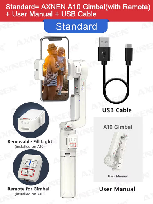 A10 Gimbal Stabilizer Selfie Stick Tripod Smartphone Handheld Gimbal with Fill Light Telescopic Rod Vlog Video Record for Iphone