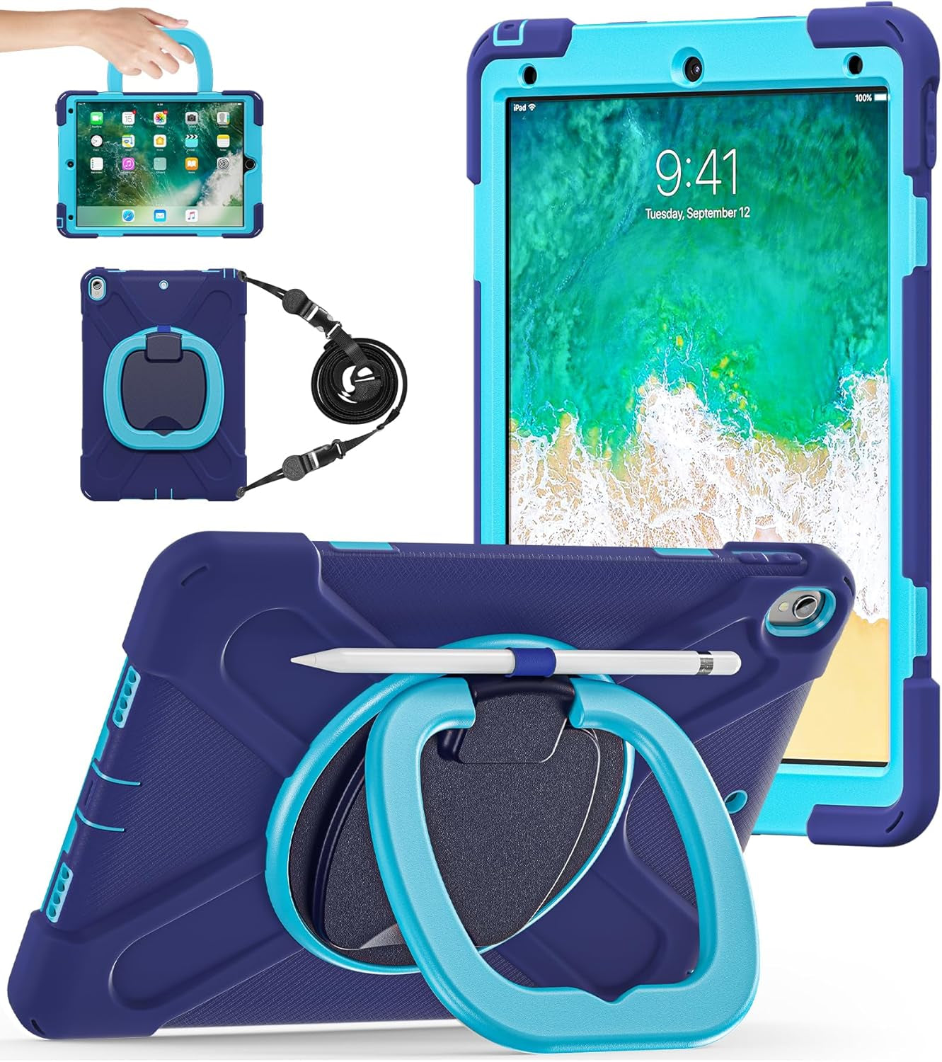 Ipad Air 3Rd Generation Case 2019 Release/Ipad Pro 10.5 Case 2017 Released; Rugged Heavy Duty Protective Cover with Pencil Holder, 360° Swivel Stand, Shoulder Strap; for Kids (Navy Blue+Blue)