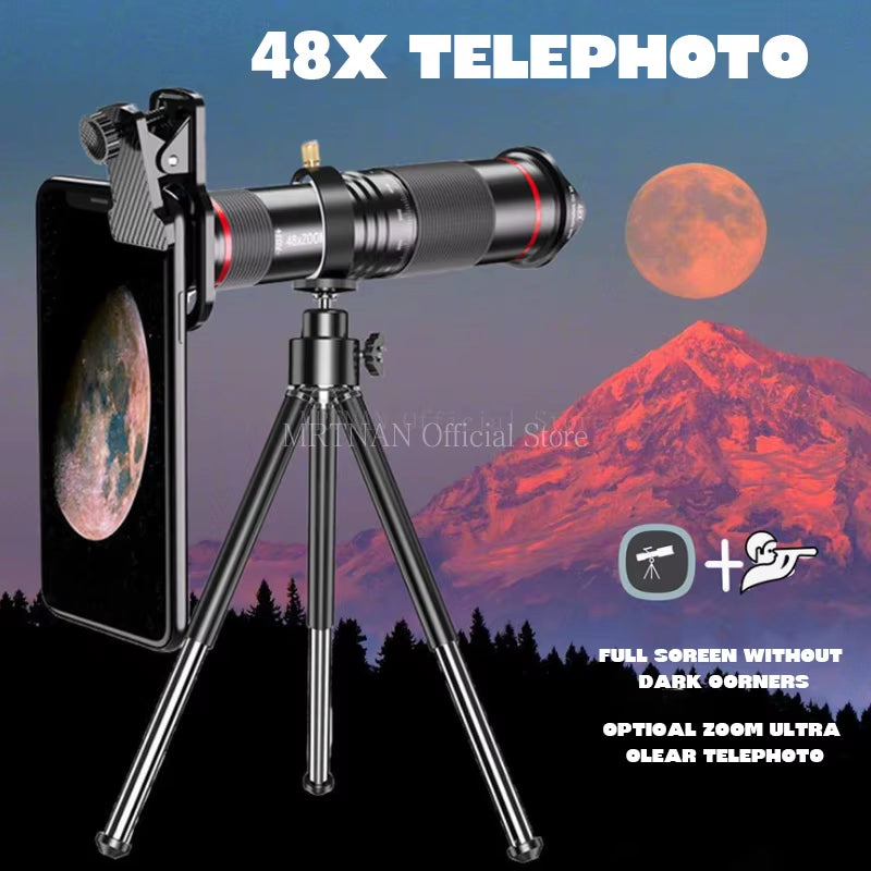 48X HD Zoom Mobile Phone Lens Powerful Binoculars Long Range Monocular Metal Telescope Telephoto Lens with Tripod for Camping