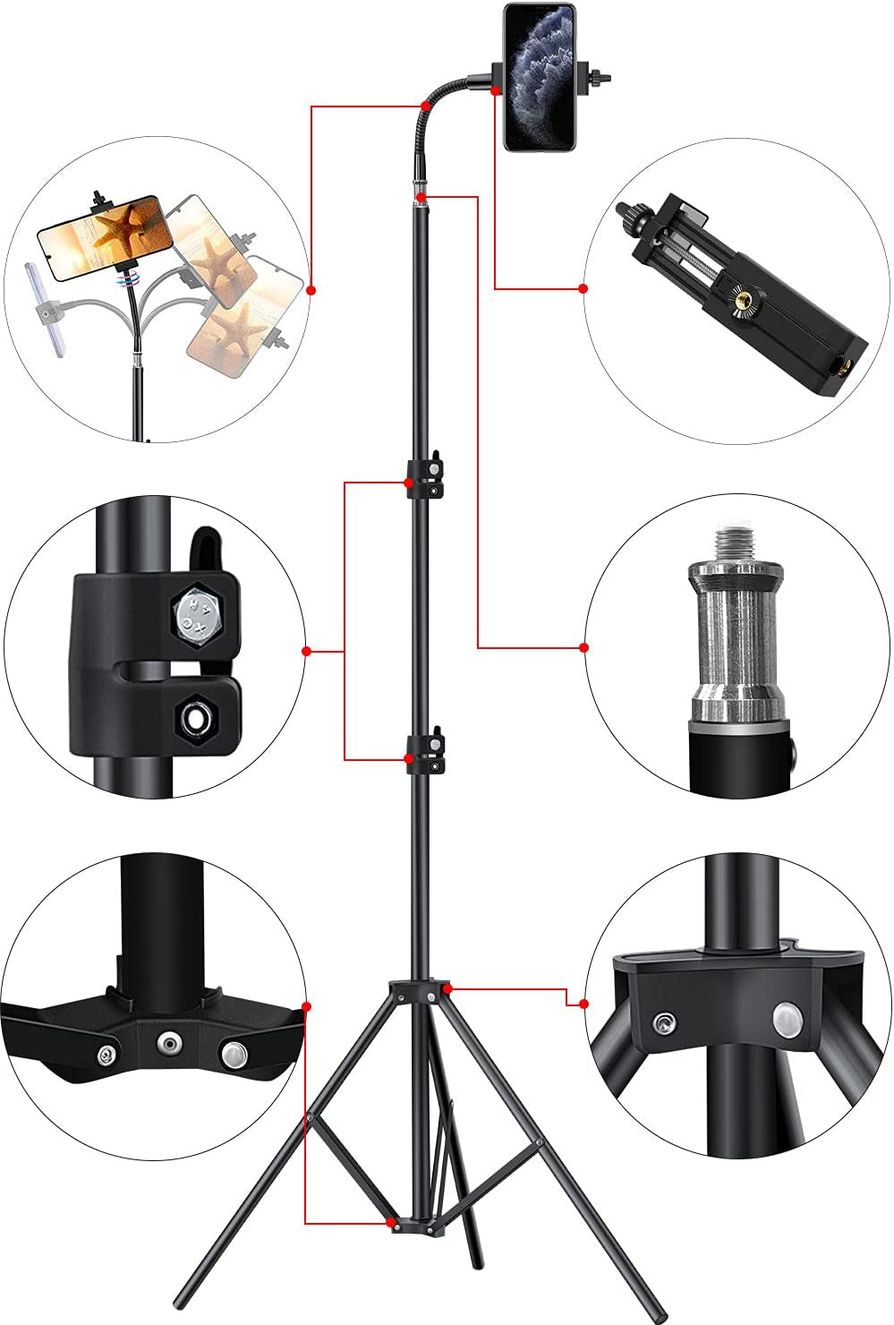 80Inch Stand Tripod for Iphone Phone Cell Tripods Lighting Stand Fits Ring Light Mini Camera Photography Rotatable Live Video Stand Compatible with and Most Mobile Phones