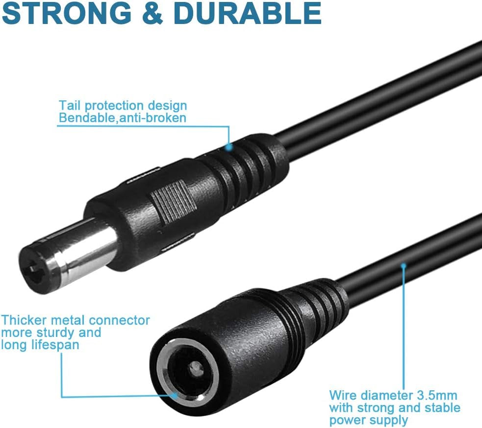 2-Pack 33Ft DC Power Extension Cable 5.5Mm X 2.1Mm 12V DC Extension Cord for Security Camera CCTV IP Surveillance,Led Strip,Power Supply Adapter 5V 9V 24V 12 Volt Male to Female Plug Extender Wire