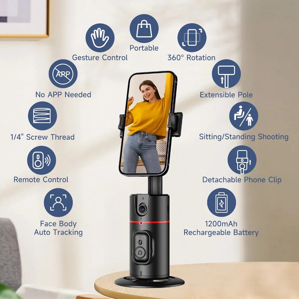 Auto Face Tracking Tripod, No App, Smart Shooting Phone Holder with Remote, 360° Rotation Body Phone Camera Mount Extendable Body Smart Tracking Tripod for Vlog/Tik Tok, Rechargeable Battery (Black)