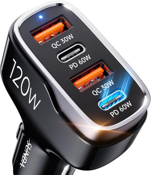 120W USB C Fast Car Charger, 4-Ports Cigarette Lighter Adapter, USB C Car Phone Charger Adapter USBC Type C 12V, Fit for Iphone 17/16/15 Pro/14Max/Galaxy/Samsungs25 Google Ipad Android