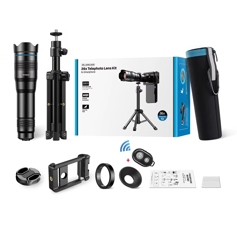 36X Metal Telephoto Lens with Tripod Zoom Telescope Monocular for Iphone Samsung Shooting Birds Watching Concert Sports