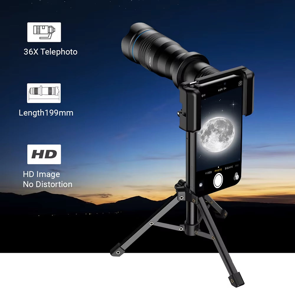 36X Metal Telephoto Lens with Tripod Zoom Telescope Monocular for Iphone Samsung Shooting Birds Watching Concert Sports