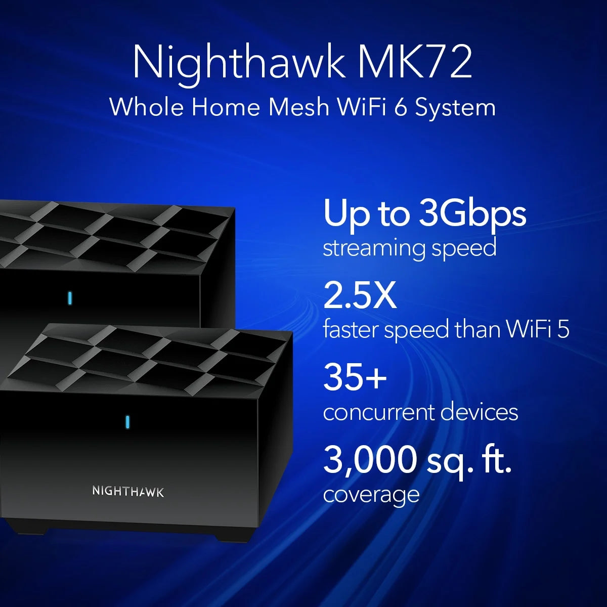 - Nighthawk AX3000 Mesh Wifi 6 System with Router + 1 Satellite Extender 3Gbps (MK72-100NAS)
