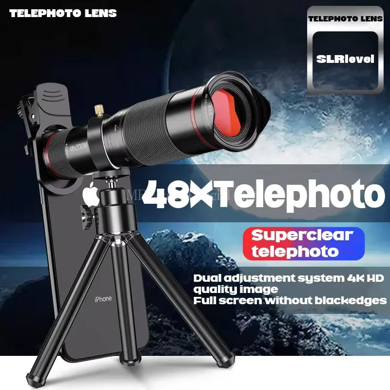 48X HD Zoom Mobile Phone Lens Powerful Binoculars Long Range Monocular Metal Telescope Telephoto Lens with Tripod for Camping
