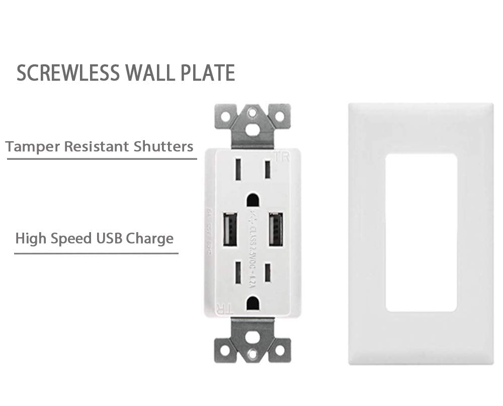 Outlet with USB High Speed Charger 4.2A Charging Capability,Duplex Receptacle 15 A, Tamper Resistant Wall Socket USB Outlet,Child Proof Safety,Screwless Wall Plate,White (2 Pack)