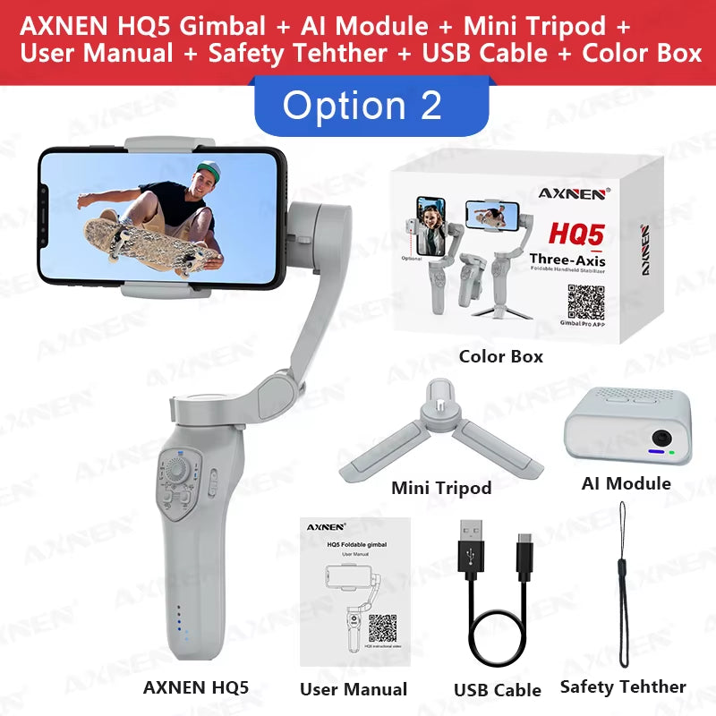 HQ5 Gimbal 3-Axis Handheld Stabilizer for Cell Phone Anti-Shaking Shooting, Optional AI Tracking, for Iphone Android Phone