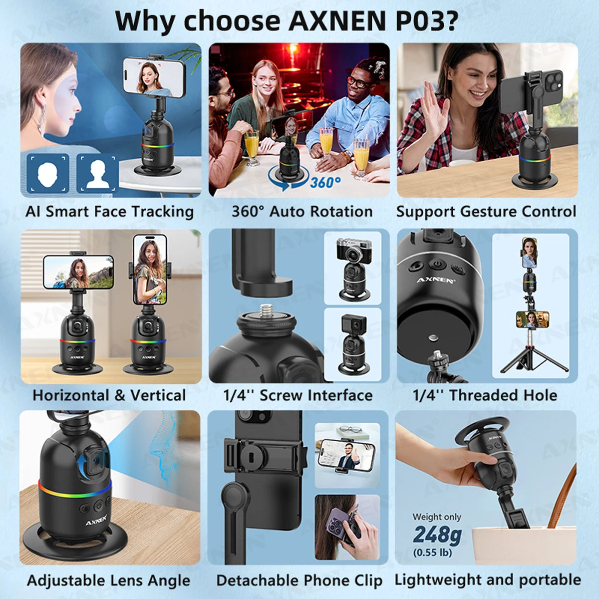 P03 Gimbal Selfie Stick for Cellphone and Cameras AI 360 Follow Selfie Stand Face Tracking Desktop Gimbal Gesture Control