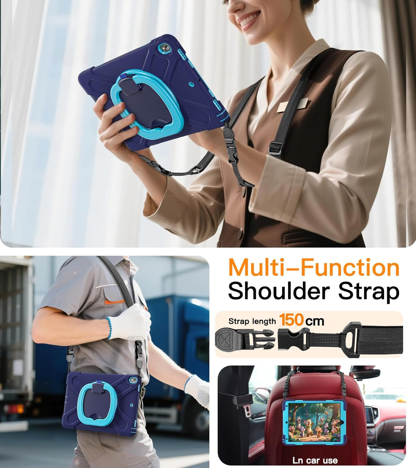 Ipad Air 3Rd Generation Case 2019 Release/Ipad Pro 10.5 Case 2017 Released; Rugged Heavy Duty Protective Cover with Pencil Holder, 360° Swivel Stand, Shoulder Strap; for Kids (Navy Blue+Blue)
