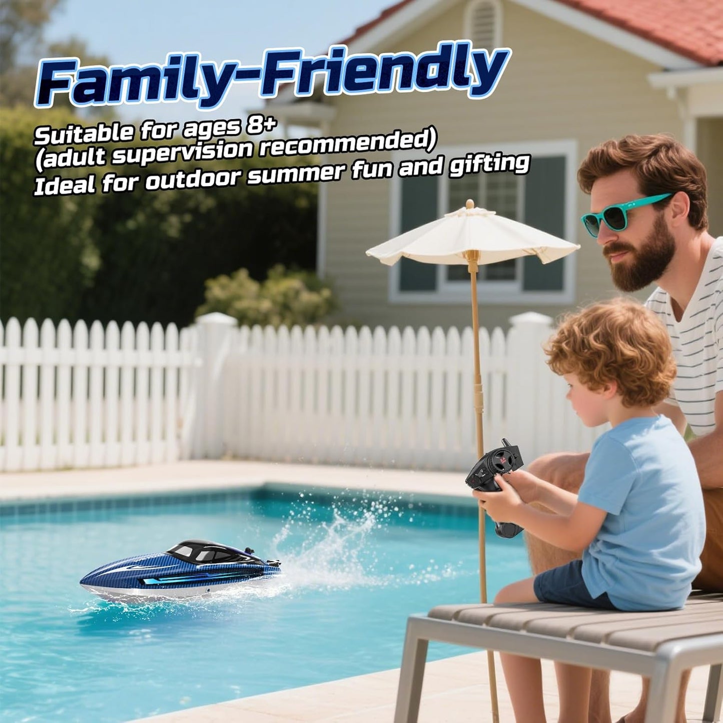 RC Boats for Adults, Remote Control Boat for Pools and Lakes, WF17 25+ KMH Fast RC Speed Boat with 7 LED Light Modes for Kids 8-12, Summer Toys for Boys Girls, 2 Batteries for 30-40 Mins, Blue