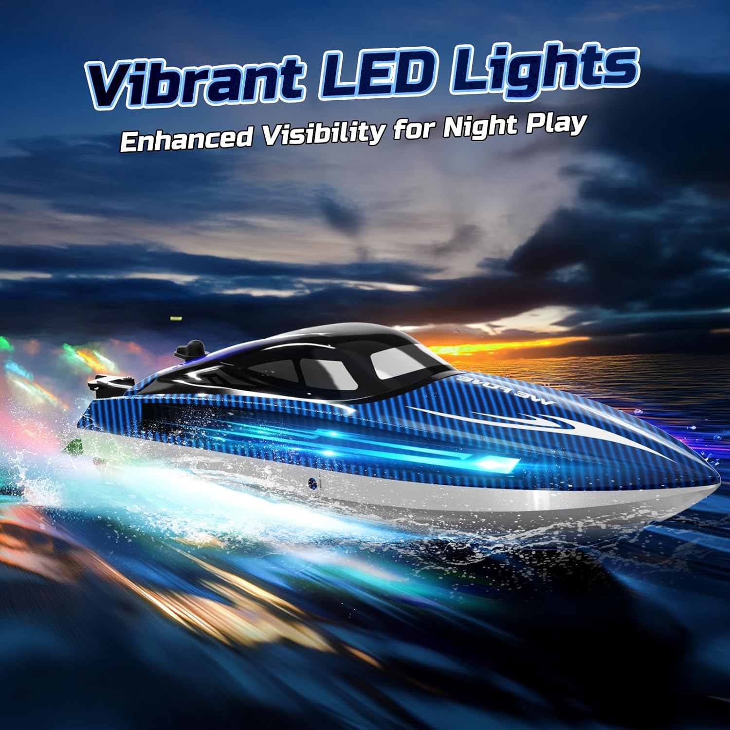 RC Boats for Adults, Remote Control Boat for Pools and Lakes, WF17 25+ KMH Fast RC Speed Boat with 7 LED Light Modes for Kids 8-12, Summer Toys for Boys Girls, 2 Batteries for 30-40 Mins, Blue