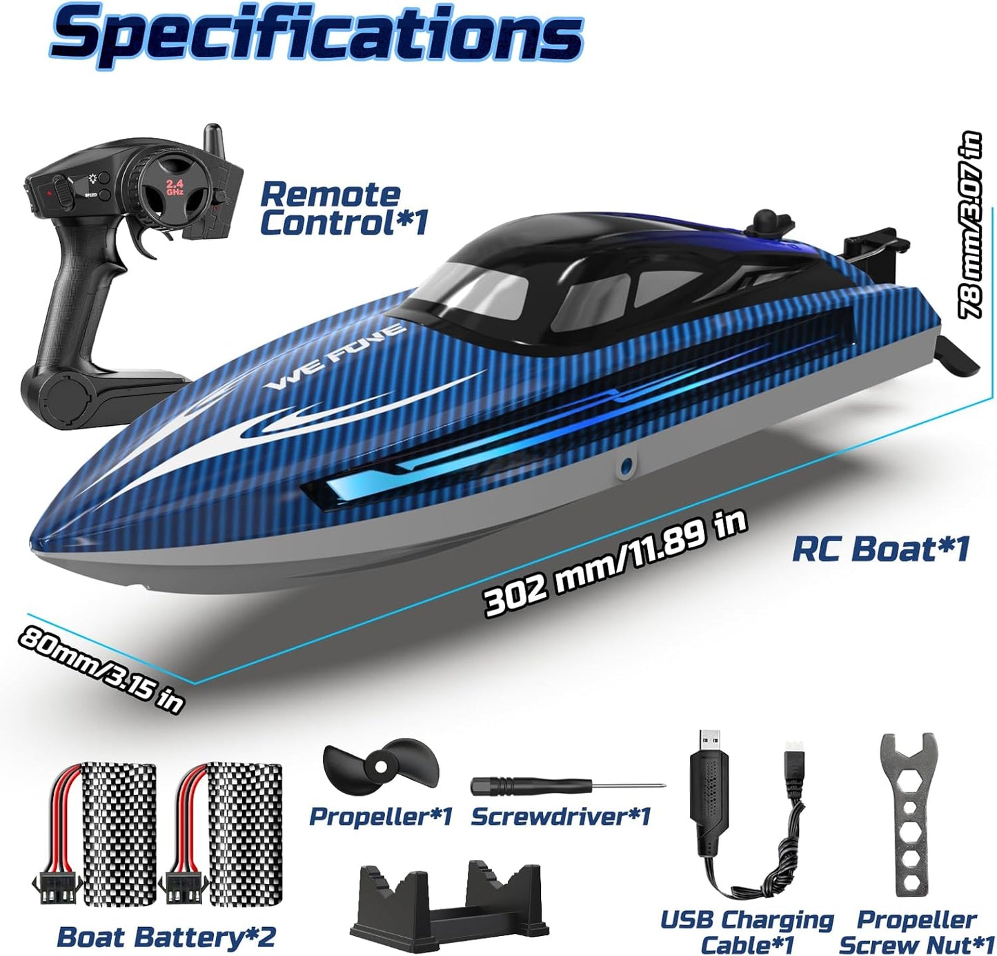 RC Boats for Adults, Remote Control Boat for Pools and Lakes, WF17 25+ KMH Fast RC Speed Boat with 7 LED Light Modes for Kids 8-12, Summer Toys for Boys Girls, 2 Batteries for 30-40 Mins, Blue