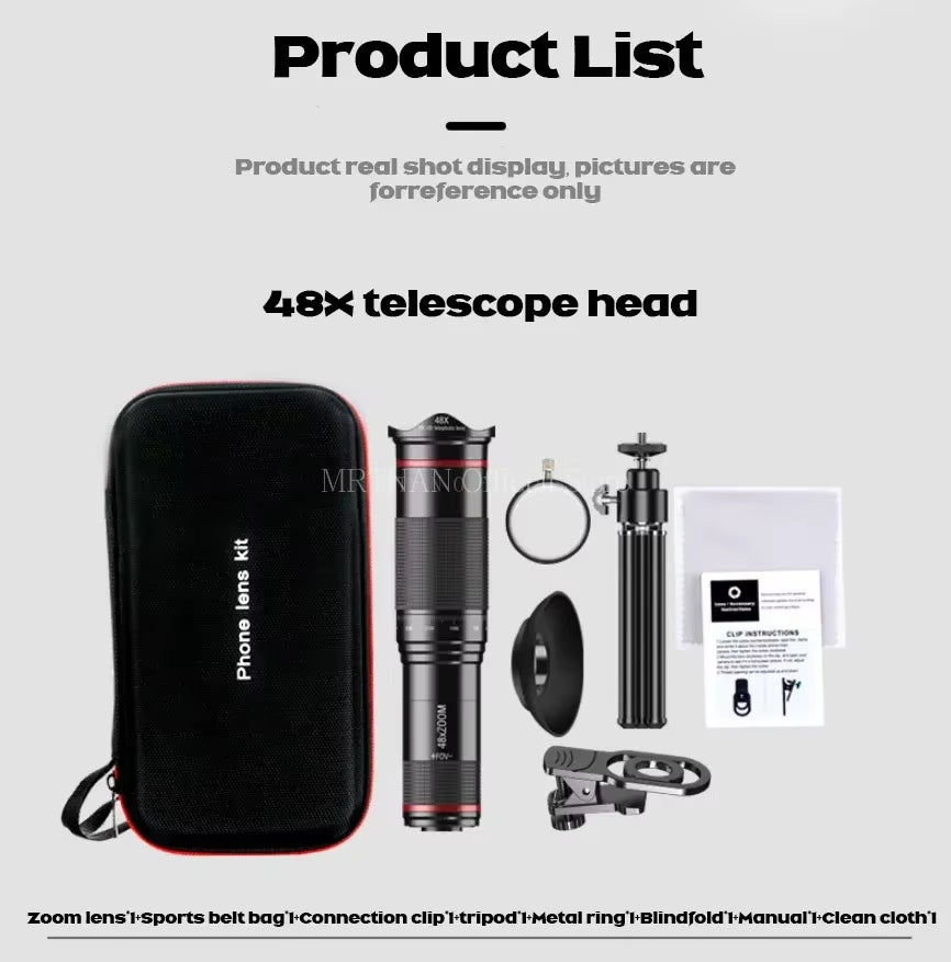 48X HD Zoom Mobile Phone Lens Powerful Binoculars Long Range Monocular Metal Telescope Telephoto Lens with Tripod for Camping