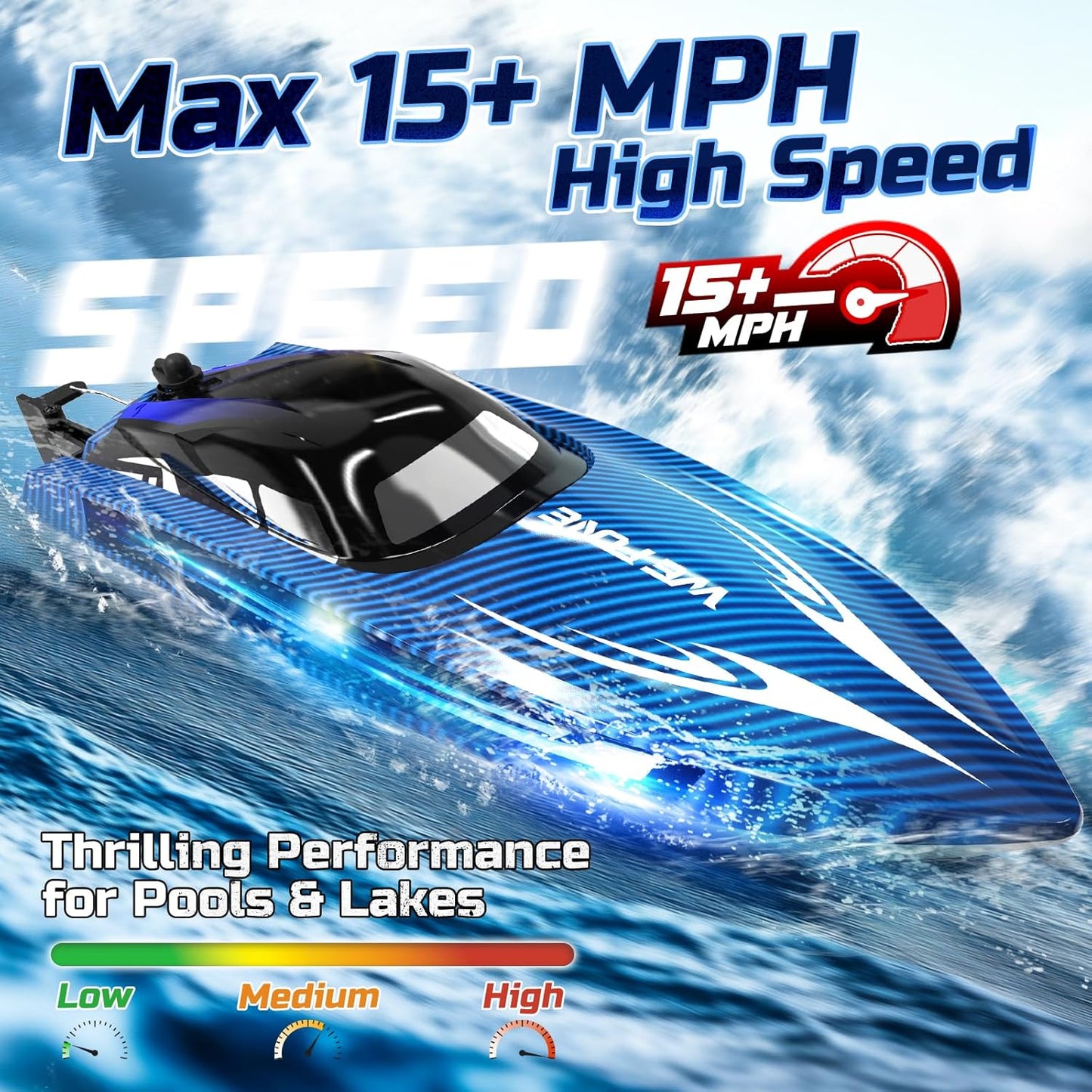 RC Boats for Adults, Remote Control Boat for Pools and Lakes, WF17 25+ KMH Fast RC Speed Boat with 7 LED Light Modes for Kids 8-12, Summer Toys for Boys Girls, 2 Batteries for 30-40 Mins, Blue