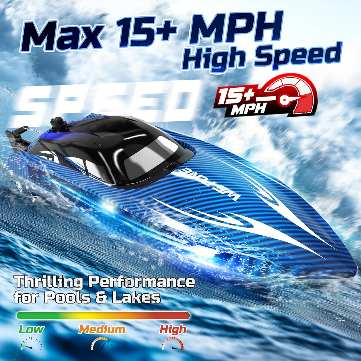 RC Boats for Adults, Remote Control Boat for Pools and Lakes, WF17 25+ KMH Fast RC Speed Boat with 7 LED Light Modes for Kids 8-12, Summer Toys for Boys Girls, 2 Batteries for 30-40 Mins, Blue