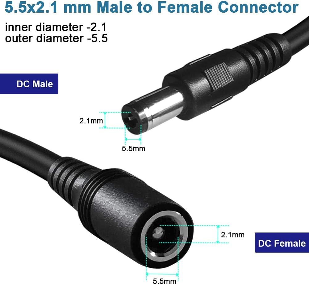 2-Pack 33Ft DC Power Extension Cable 5.5Mm X 2.1Mm 12V DC Extension Cord for Security Camera CCTV IP Surveillance,Led Strip,Power Supply Adapter 5V 9V 24V 12 Volt Male to Female Plug Extender Wire