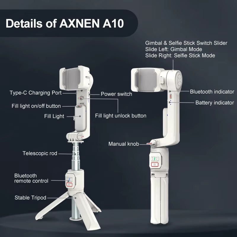 A10 Gimbal Stabilizer Selfie Stick Tripod Smartphone Handheld Gimbal with Fill Light Telescopic Rod Vlog Video Record for Iphone