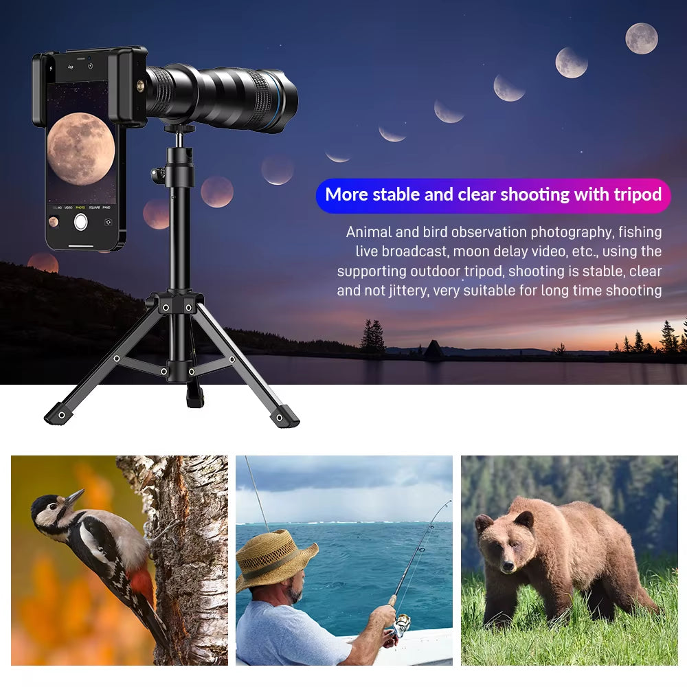 36X Metal Telephoto Lens with Tripod Zoom Telescope Monocular for Iphone Samsung Shooting Birds Watching Concert Sports