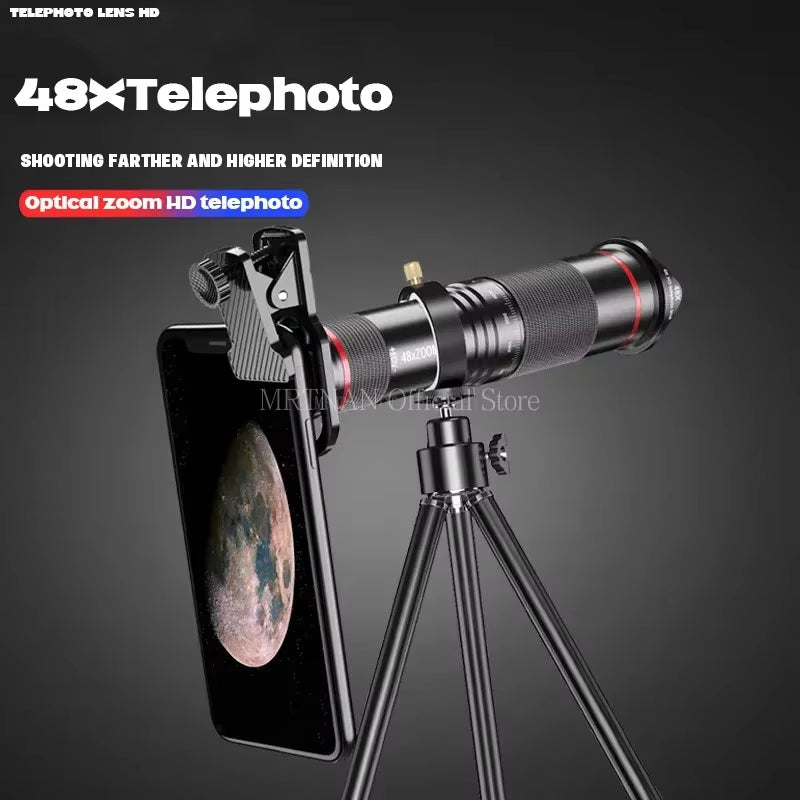 48X HD Zoom Mobile Phone Lens Powerful Binoculars Long Range Monocular Metal Telescope Telephoto Lens with Tripod for Camping