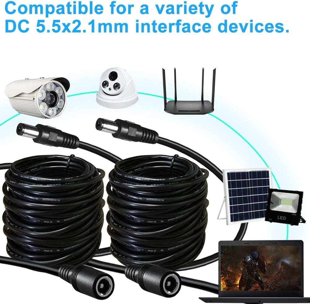 2-Pack 33Ft DC Power Extension Cable 5.5Mm X 2.1Mm 12V DC Extension Cord for Security Camera CCTV IP Surveillance,Led Strip,Power Supply Adapter 5V 9V 24V 12 Volt Male to Female Plug Extender Wire