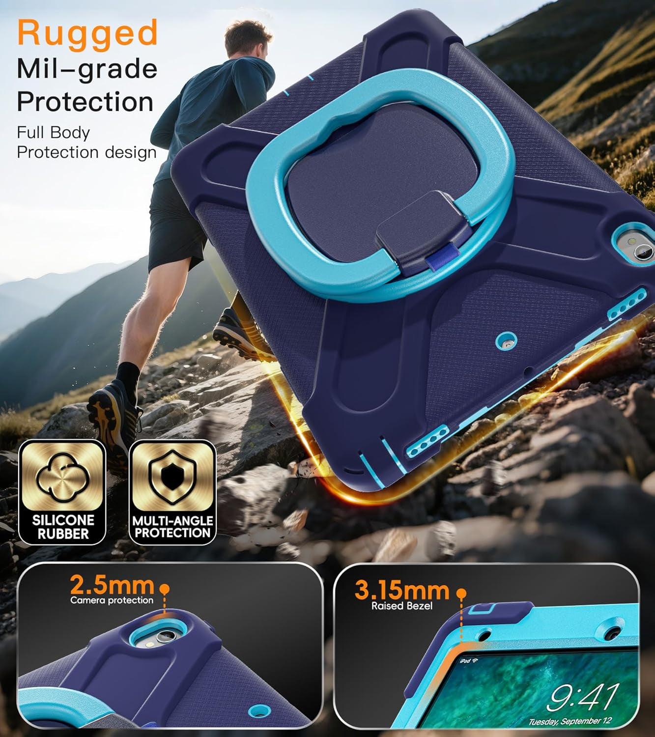 Ipad Air 3Rd Generation Case 2019 Release/Ipad Pro 10.5 Case 2017 Released; Rugged Heavy Duty Protective Cover with Pencil Holder, 360° Swivel Stand, Shoulder Strap; for Kids (Navy Blue+Blue)