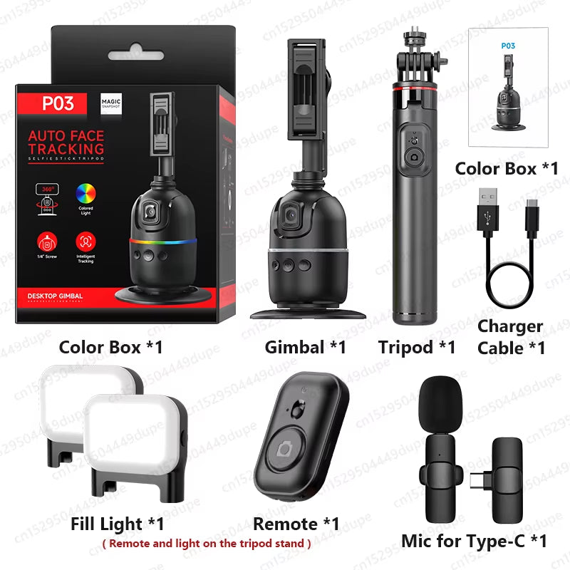 Smart Tracking Tripod for Camera Smartphone,Colorful Light 360 Rotation Follow Focus,Gimbal for Tiktok Live Photography