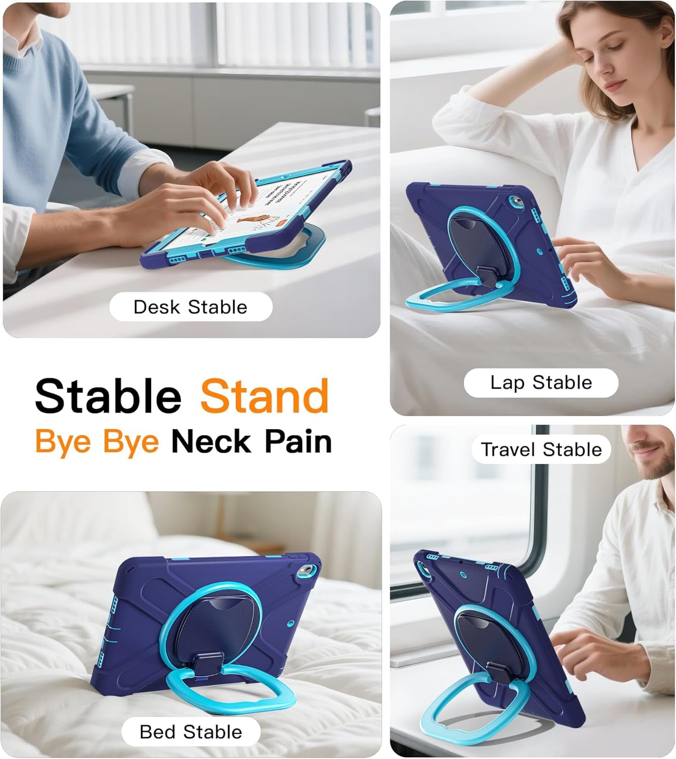 Ipad Air 3Rd Generation Case 2019 Release/Ipad Pro 10.5 Case 2017 Released; Rugged Heavy Duty Protective Cover with Pencil Holder, 360° Swivel Stand, Shoulder Strap; for Kids (Navy Blue+Blue)