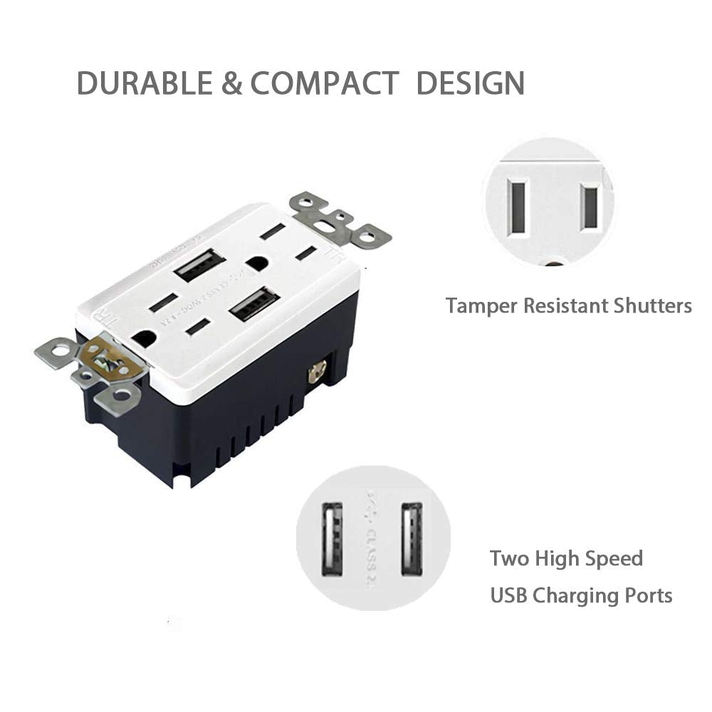 Outlet with USB High Speed Charger 4.2A Charging Capability,Duplex Receptacle 15 A, Tamper Resistant Wall Socket USB Outlet,Child Proof Safety,Screwless Wall Plate,White (2 Pack)