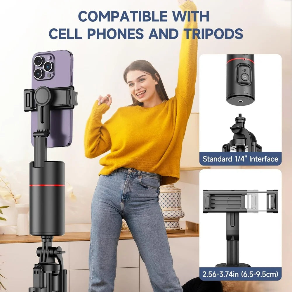 Auto Face Tracking Tripod, No App, Smart Shooting Phone Holder with Remote, 360° Rotation Body Phone Camera Mount Extendable Body Smart Tracking Tripod for Vlog/Tik Tok, Rechargeable Battery (Black)