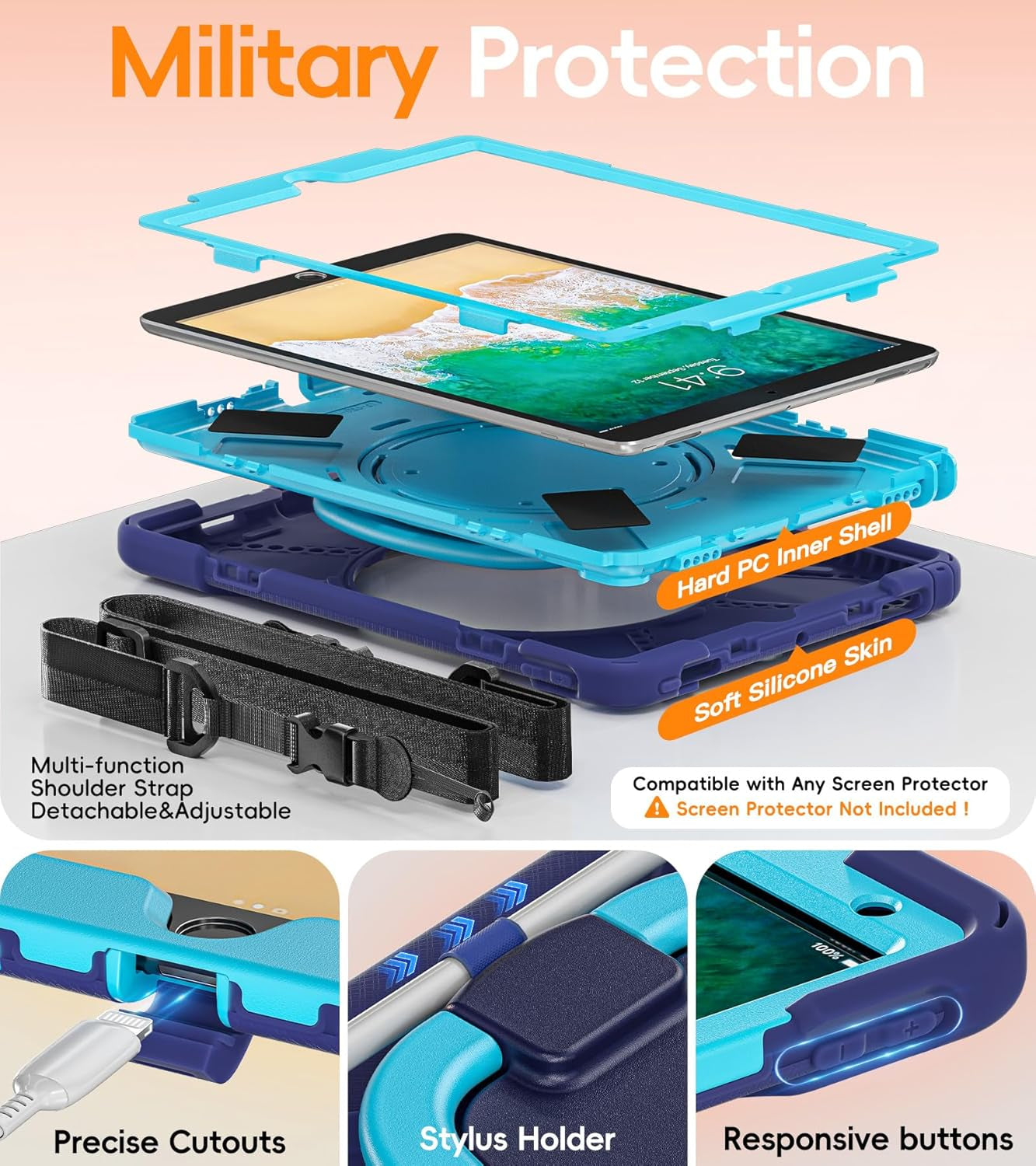 Ipad Air 3Rd Generation Case 2019 Release/Ipad Pro 10.5 Case 2017 Released; Rugged Heavy Duty Protective Cover with Pencil Holder, 360° Swivel Stand, Shoulder Strap; for Kids (Navy Blue+Blue)