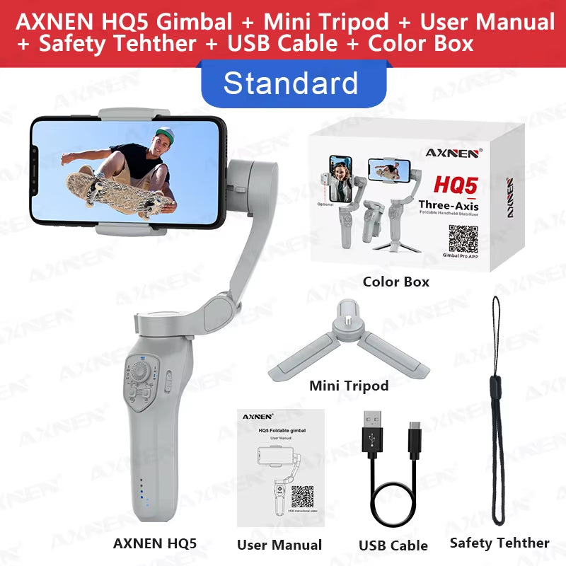 HQ5 Gimbal 3-Axis Handheld Stabilizer for Cell Phone Anti-Shaking Shooting, Optional AI Tracking, for Iphone Android Phone