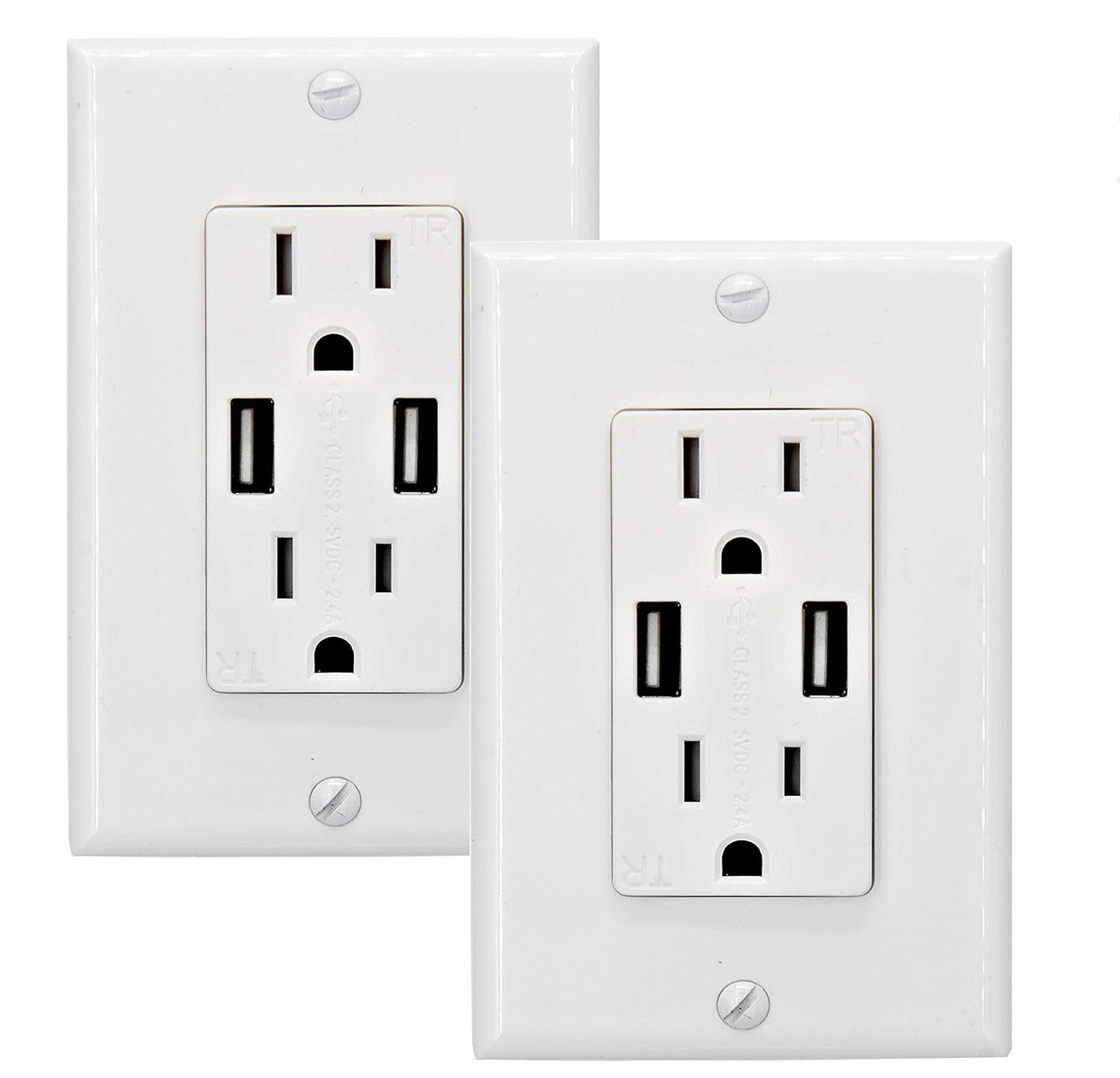 2.4 AMP Dual High Speed Wall Mount Charger USB Outlet,15A Tamper Resistant Receptacle, 2 Wall Plate Included,White (2 Pack)