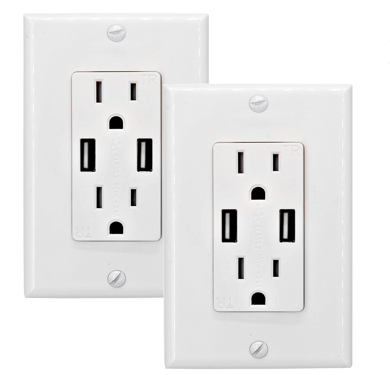 2.4 AMP Dual High Speed Wall Mount Charger USB Outlet,15A Tamper Resistant Receptacle, 2 Wall Plate Included,White (2 Pack)