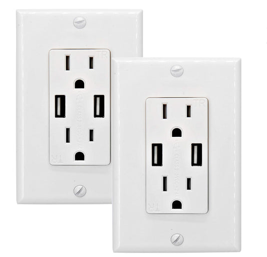 2.4 AMP Dual High Speed Wall Mount Charger USB Outlet,15A Tamper Resistant Receptacle, 2 Wall Plate Included,White (2 Pack)