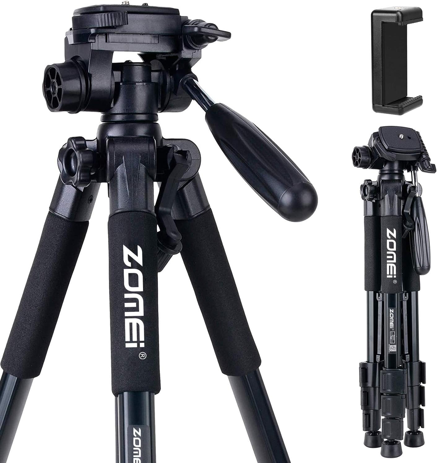 Camera Tripod 55-Inch Q111 with Phone Holder,Cell Phone Tripod Stand Protable Lightweight for Canon Nikon Sony DSLR Projector Webcam Spotting Scopes Gopro and Smartphones Live(Black)