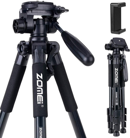 Camera Tripod 55-Inch Q111 with Phone Holder,Cell Phone Tripod Stand Protable Lightweight for Canon Nikon Sony DSLR Projector Webcam Spotting Scopes Gopro and Smartphones Live(Black)