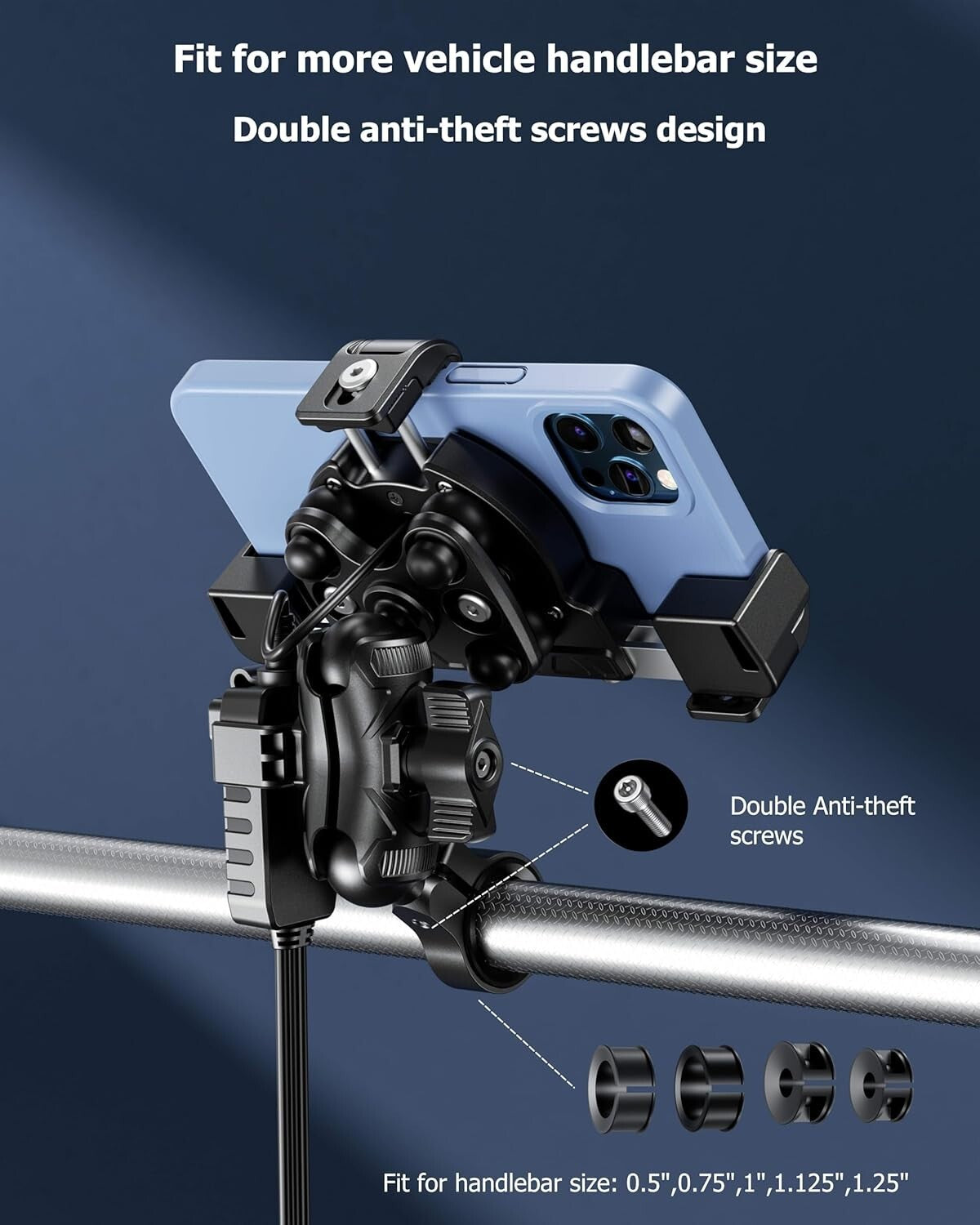 Motorcycle Phone Mount with Qi 15W Wireless Charger & USB C 36W Fast Charging Po