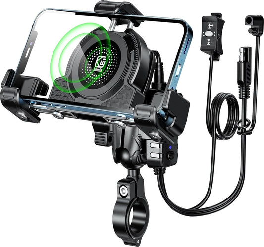 Motorcycle Phone Mount with Qi 15W Wireless Charger & USB C 36W Fast Charging Po